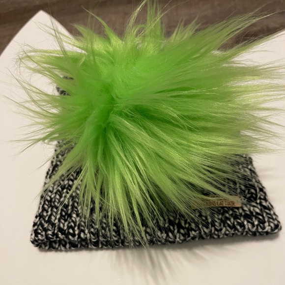 Fun homemade cat lady winter hat. Black & white slouchy knit beanie. Neon Pom - Picture 4 of 6